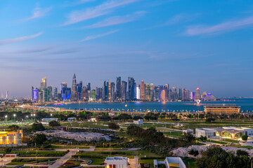Naklejka na ściany i meble Beautiful Aerial view of Doha Skyline. Doha Corniche view from Bidda Park