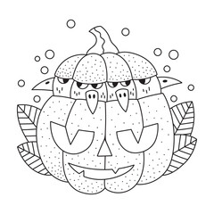 Birds sitting inside smiling pumpkin. Halloween vegetable. Funny coloring page for kids. Cute cartoon vector illustration. hand drawn artwork. Outlined drawing. Black lines. Isolated on white