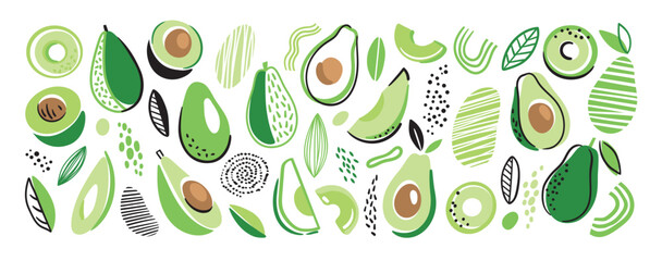 Abstract set with avocado. Whole avocado, halves of avocado and leaves. Elements isolated on a white background. Fruits in fun modern cartoon style. Vector illustration.