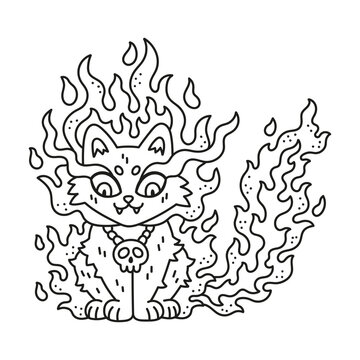 Devil cat in fire. Cute little monster pussycat. Burning kitty. Spirit of fire. Halloween monster. Funny coloring page for kids. Cartoon vector illustration. Black and white color. Outlined artwork