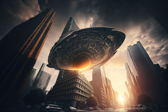 Alien alien ship floating over city. Alien invasion. Created by artificial intelligence.