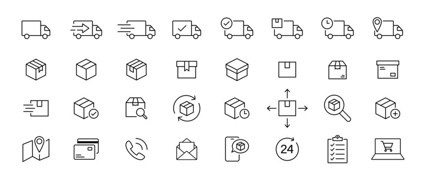 Delivery truck icon set. Shipping outline icon. Parcel transportation
