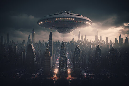 Alien alien ship floating over city. Alien invasion. Created by artificial intelligence.