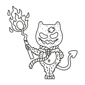 Naughty little devil with burning match. Cute halloween monster. Demon with tail. Funny coloring page. Cartoon vector illustration for kids and adults. Isolated on white. Black lines. Outlined drawing