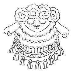 Portrait of beautiful llama girl with flower wreath and ornate shawl. Cute fluffy alpaca. Farm animal face. Coloring page. Cartoon vector illustration for kids. Outlined drawing. Hand drawn style 