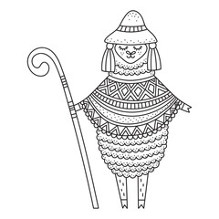 Funny peru llama. Farm animal wearing hat and ornate poncho. Cute alpaca shepard. Coloring page. Cartoon vector illustration for kids and adults. Outlined drawing. Black and white colors. Isolated