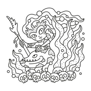 Cute little mermaid with moray eel. Funny princess fish girl hiding in the seaweeds. Fantasy adventure. Coloring page for kids. Cartoon vector illustration. Black and white. Isolated