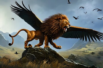 Highly detailed painting Full Body illustration of flying winged lion