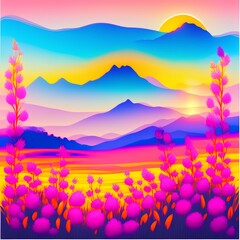 Fototapeta na wymiar oil painting brush stroke, sun, blue gradient sky, soft pink hues in skyline,bokeh mountains neutral grey color, grass field in foreground with many flowers in coral yellow pink orange - generative ai