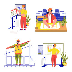 Architects set concept with people scene in the flat cartoon design. Architects create projects of new houses and residential complexes.