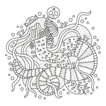 Cute scary underwater witch. Funny mermaid wizard with skeleton. Mysterious fantasi artwork. Coloring page. Cartoon vector illustration. Outlined hand drawn art. Black and white. Isolated