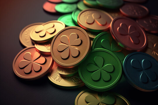Coins with the image of clover, iridescent color. Happy St. Patrick's Day. Good luck concept. AI Generated.