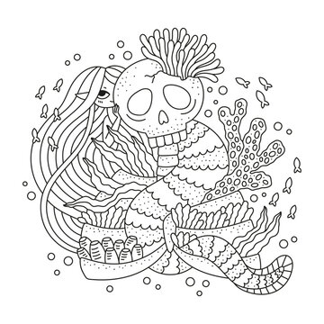 Little mermaid with big skeleton. Cute fish girl with giant skull. Underwater nature. Seaweed, coral. Coloring page for kids. Outlined draing. Black line. Cartoon vecror illustration