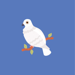 White pigeon sitting on branch with leaves flat style, vector illustration