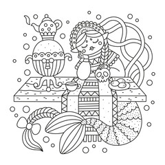 Lonely slavic mermaid having dinner. Traditional clothes and enviroment. Funny sea creature. Cute sad fish girl. Fairy tale. Coloring page for kids. Cartoon vector illustration. Isolated on white