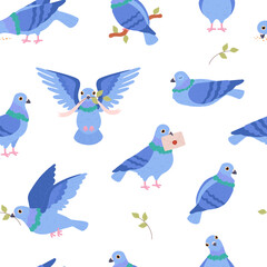 Seamless pattern with blue pigeons flat style, vector illustration
