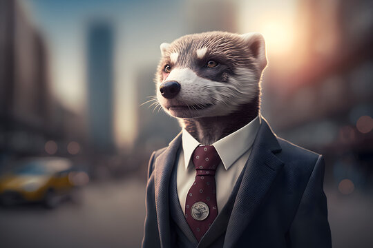Portrait d'un furet anthropomorphe businessman se baladant dans les rues de la ville &raquo; IA g&eacute;n&eacute;rative