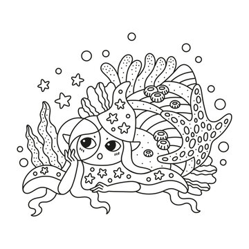 Little underwater astrologer. Cute mermaid in big shell. Star fish, seaweed. Wizard girl and magical ball. Funny coloring page for kids. Cartoon vector illustration. Isolated on white. Outlined