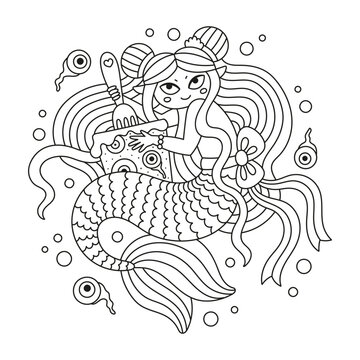 Naughty little mermaid. Funny fish girl with sweets. Scary jelly with eyes. Fantasy evil sea creature. Coloring page. Cartoon vector illustration. Isolated on white. Outlined drawing. Black lines