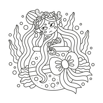Cute little mermaid in aquarium. Sea girl with beautiful hairstyle and shell acessorise. Funny birthday present with bow. Adorable fairy tale creature. Coloring page. Cartoon vector illustration