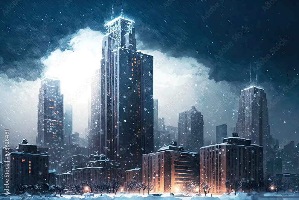 Canvas Prints skyline with tall buildings in snow-covered winter cityscape night, generative ai