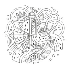 Beautiful asian mermaid. Underwater princess wearing japanese kimono. Pretty fish girl with big traditional fan. Sea nature. Coloring page for kids and adults. Cartoon vector illustration. Isolated