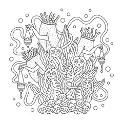 Mysterious magic ritual. Underwater sea witches. Funny little mermaids. Dark fantasy creatures. Coloring page. Cartoon vector illustration. Outlined hand drawn artwork. Black lines. Isolated