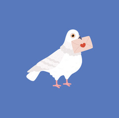 White pigeon standing with sealed love envelope in beak flat style