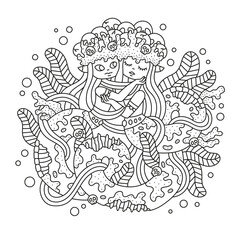 Fototapeta na wymiar Cute twins mermaid with one body. Scary zombie fish girls. Underwater sea princess. Decorated with skulls and seaweeds. Coloring page. Cartoon vector illustration. Black and white colors. Outlined art