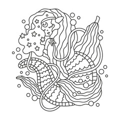 Cute slereping mermaid. Beautifull sea fish girl. Fairy tale princess with stars in hair. Seaweed blanket. Bedtime. Night. Coloring page for kids. Cartoon vector illustration. Outlined drawing