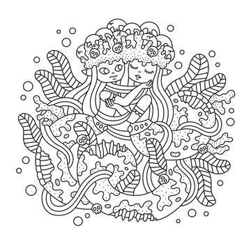 Cute twins mermaid with one body. Scary zombie fish girls. Underwater sea princess. Decorated with skulls and seaweeds. Coloring page. Cartoon vector illustration. Black and white colors. Outlined art
