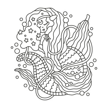 Cute slereping mermaid. Beautifull sea fish girl. Fairy tale princess with stars in hair. Seaweed blanket. Bedtime. Night. Coloring page for kids. Cartoon vector illustration. Outlined drawing