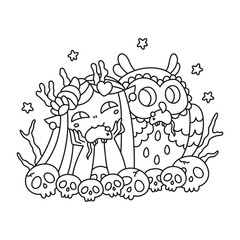 Two friends. Cute little mermaid girl and big owl. Animals having dinner. Funny fantasy characters. Fairy tale coloring page for kids. Cartoon vector illustration. Black and white colors. Isolated