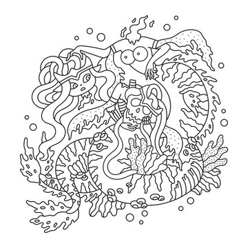 Cute ghost mermaid without head and her dead body. Scary underwater princess as spirit. Dark fantasy sea creature. Coloring page for adults. Cartoon vector illustration. Isolated on white. Outlined