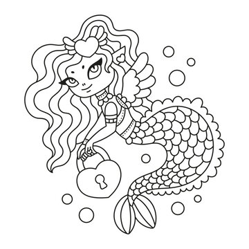 Adorable little cupid girl. Cute mermaid girl with wings. Underwater angel with lock. Valentines day character. Love. Fantasy creature. Coloring page. Cartoon vector illustration. Isolated on white