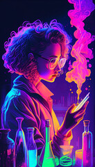 AI generated. Scientist woman working on a laboratory experiment. Girl student of chemical engineering and biotechnology surrounded by test tubes. April 28: World Day for Safety and Health at Work.