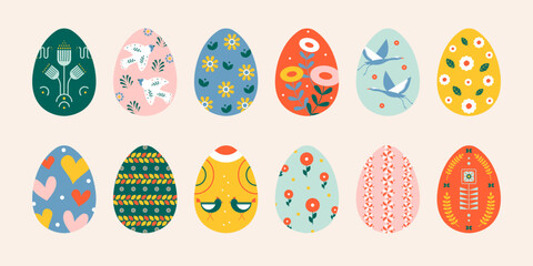 Easter eggs. Abstract cartoon pattern decoration spring holiday, cute decorative icons, happy Easter concept. Vector set