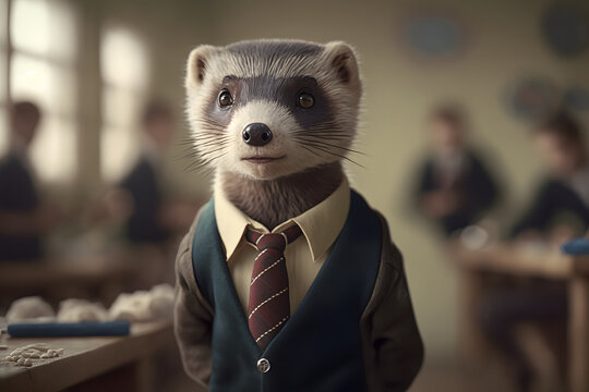 Portrait d'un furet anthropomorphe habill&eacute; en &eacute;colier dans une salle de classe  &raquo; IA g&eacute;n&eacute;rative