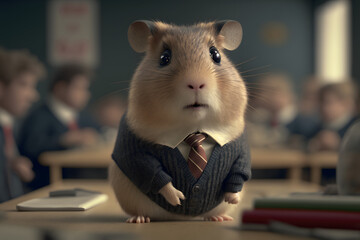 Portrait d'un hamster anthropomorphe habillé en écolier dans une salle de classe  » IA générative