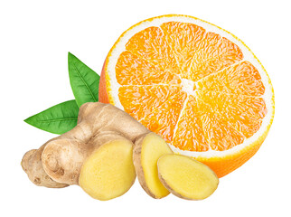 Ginger and orange isolated on white or transparent background.