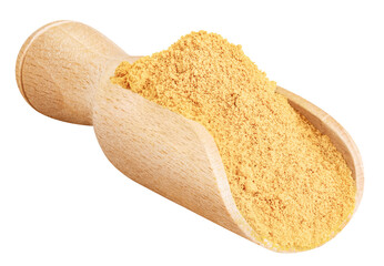 Ginger isolated on white or transparent background. Dry ground ginger powder in wood spoon