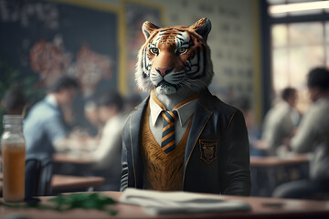 Fototapeta na wymiar Portrait d'un tigre anthropomorphe habillé en écolier dans une salle de classe » IA générative