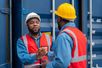 Portrait of Two African Engineer or foreman wears PPE shaking hand with cargo container background at sunset. Logistics global import or export shipping industrial concept.