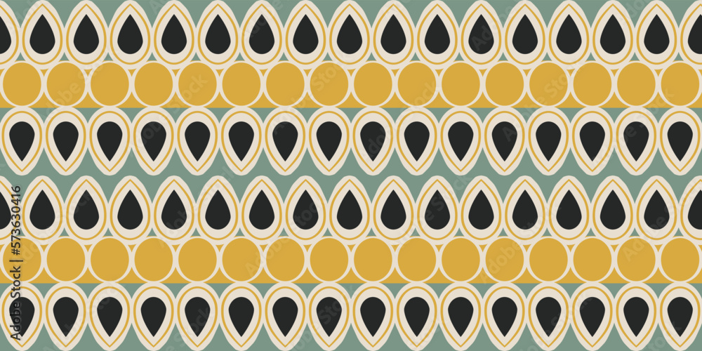 Poster Background of repeating black grains and yellow circles, seamless vector pattern. Print for textiles, pillows, clothes, packaging, stationery, wallpaper, interior.