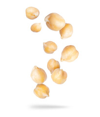 Boiled chickpeas close up in the air on a transparent background