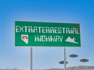 Poster UFO Flying Saucers over the Extraterrestrial Highway, Highway 375, in Rachel Nevada near Area 51. © gchapel
