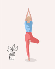 Blond girl doing yoga pilates gymnastics sport in blue and pink sport form in faceless style on background with drawing flowers