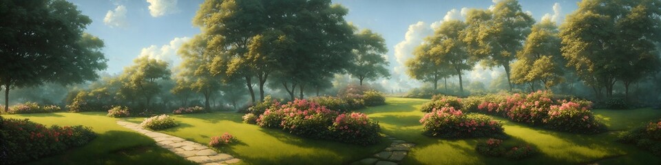 Fototapeta premium Illustration landscape of the countryside park in a beautiful tree forest, generative AI.