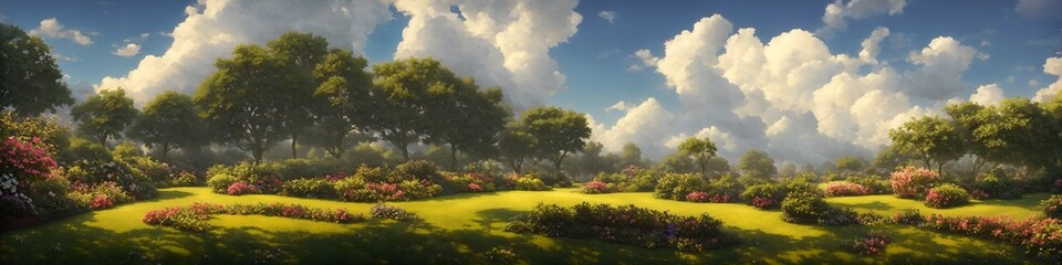 Fototapeta premium Illustration landscape of the countryside park in a beautiful tree forest, generative AI.