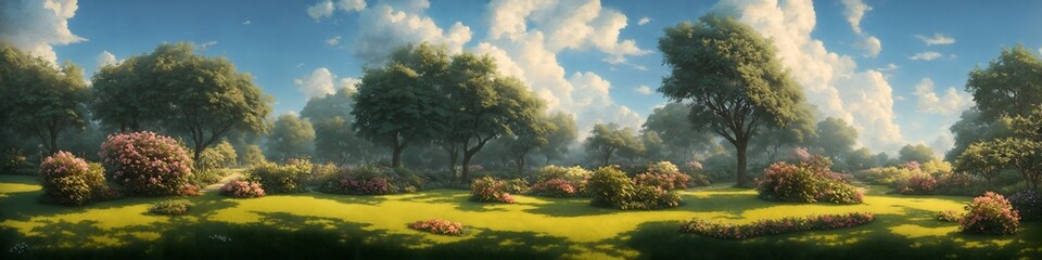 Fototapeta premium Illustration landscape of the countryside park in a beautiful tree forest, generative AI.